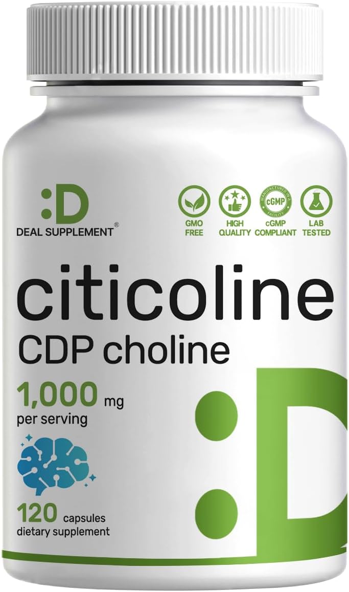 Citicoline CDP Choline, 1,000mg Per Serving, 120 Capsules – Extra Strength Choline Supplements – Nootropic B Vitamin Properties – Promotes Brain Health, Memory, & Focus – Non-GMO