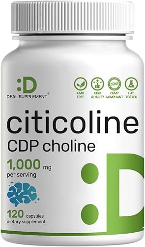 Citicoline CDP Colina, 1,000 mg por porción, 120 cápsulas  Suplementos de colina extra fuerte  Propiedades de la vitamina B nootrópicas  Promueve la