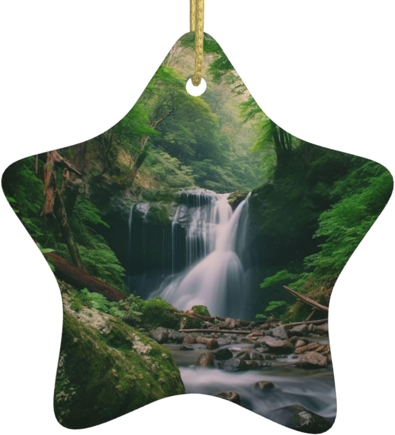 Christmas Ornaments Ceramic Star Shaped Christmas Hanging Ornament Double-Sided Forests with Waterfalls Trees Print Christmas Tree Pendants for Xmas Tree Fireplace Party Holiday Wedding