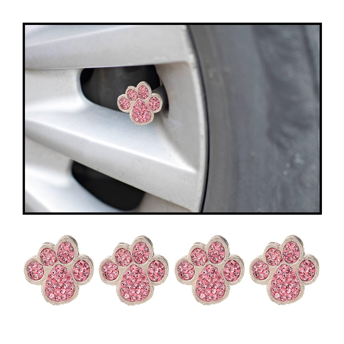 CGEAMDY 4 Pack Car Tire Valve Stem Caps, Bling Diamond Bear Paw Tire Valve Caps, Zinc Alloy Crystal Rhinestone Dog Paw Valve Stem Caps, Universal Accessories for Motorcycle Truck Bicycle(Pink)