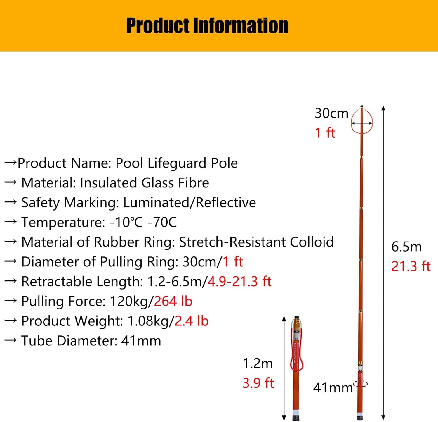 Professional Extended Water Rescue Pole - 21.3ft (6.5m) Retractable Safety Pole for Pools, Beaches, Water Parks, Yachts - Load Capacity 120kg (264.6lb)