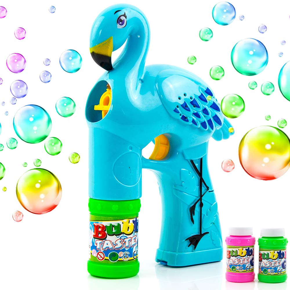 Toysery Bubble Shooter Gun for Kids, Light Up Bubble Blower Machine with LED Flashing Lights and Music, Easy Refill Bubble Blaster Toy for Toddler Boys, Girls, and Outdoor Activities - Blue Flamingo