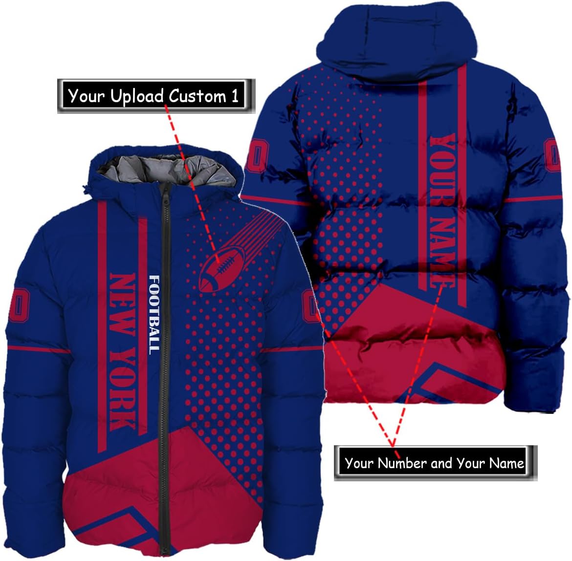 Personalized New York Football Team Giants Men's Hooded Puffer Jacket