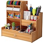 UgyDuky Upgraded Wooden Pencil Holder, Art Supply Organizer, Desktop Pen Organizer with Drawer, Multi-Functional Desktop Stationary Storage for Colored Pencils Pens Markers Office Home School Supplies (black)