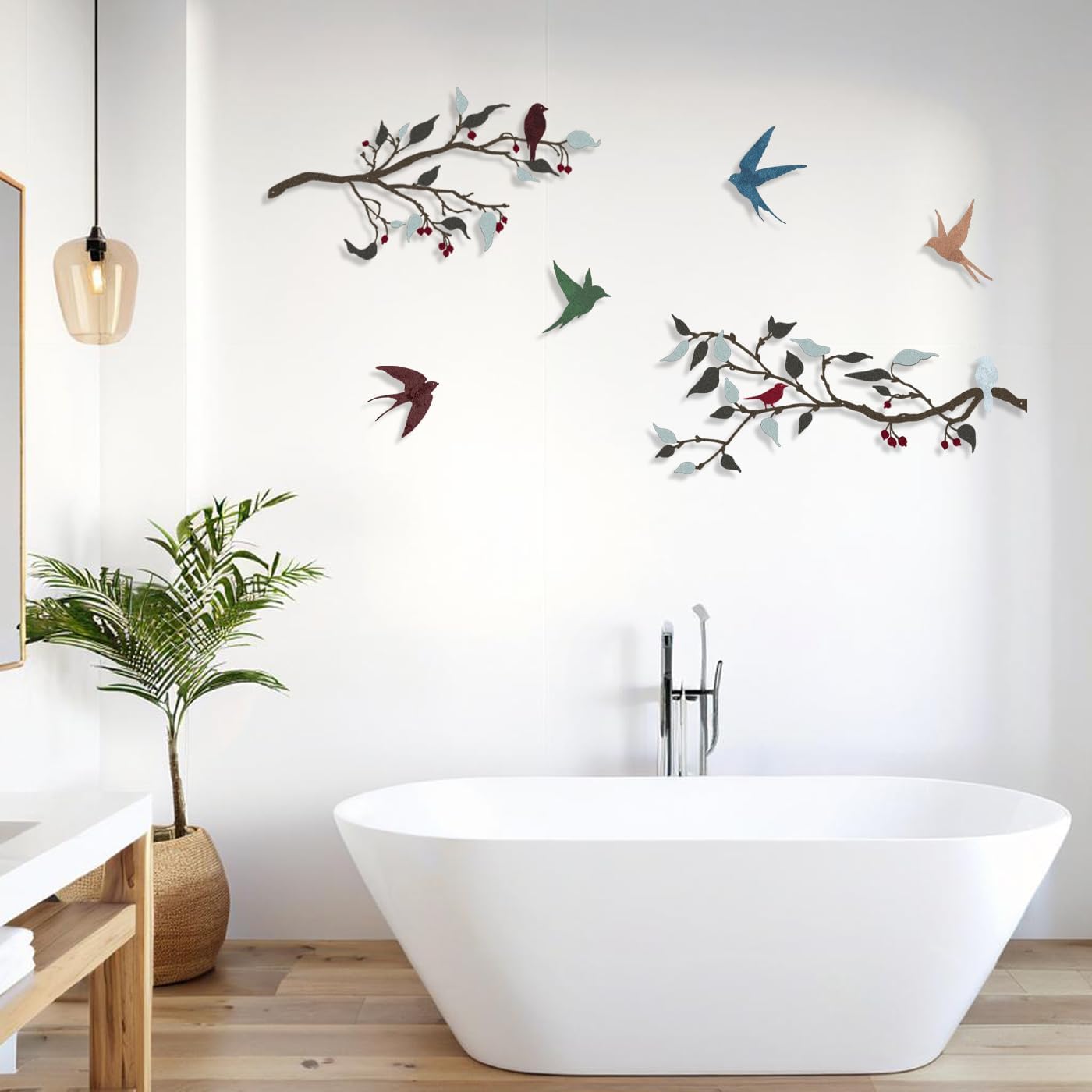 Harikikochuu Metal Birds Wall Decor, 4PCS Birds on the Branch Metal Silhouette Art (Colorful A)