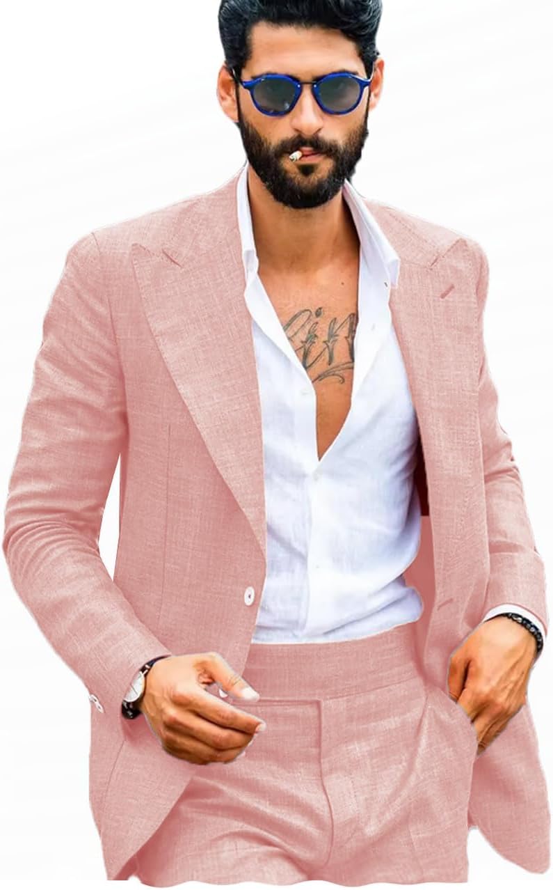 ORBITRAY Men's Linen 2-Piece Suit 2025 Spring Summer Breathable Wedding Business Blazer Pant Set Lightweight