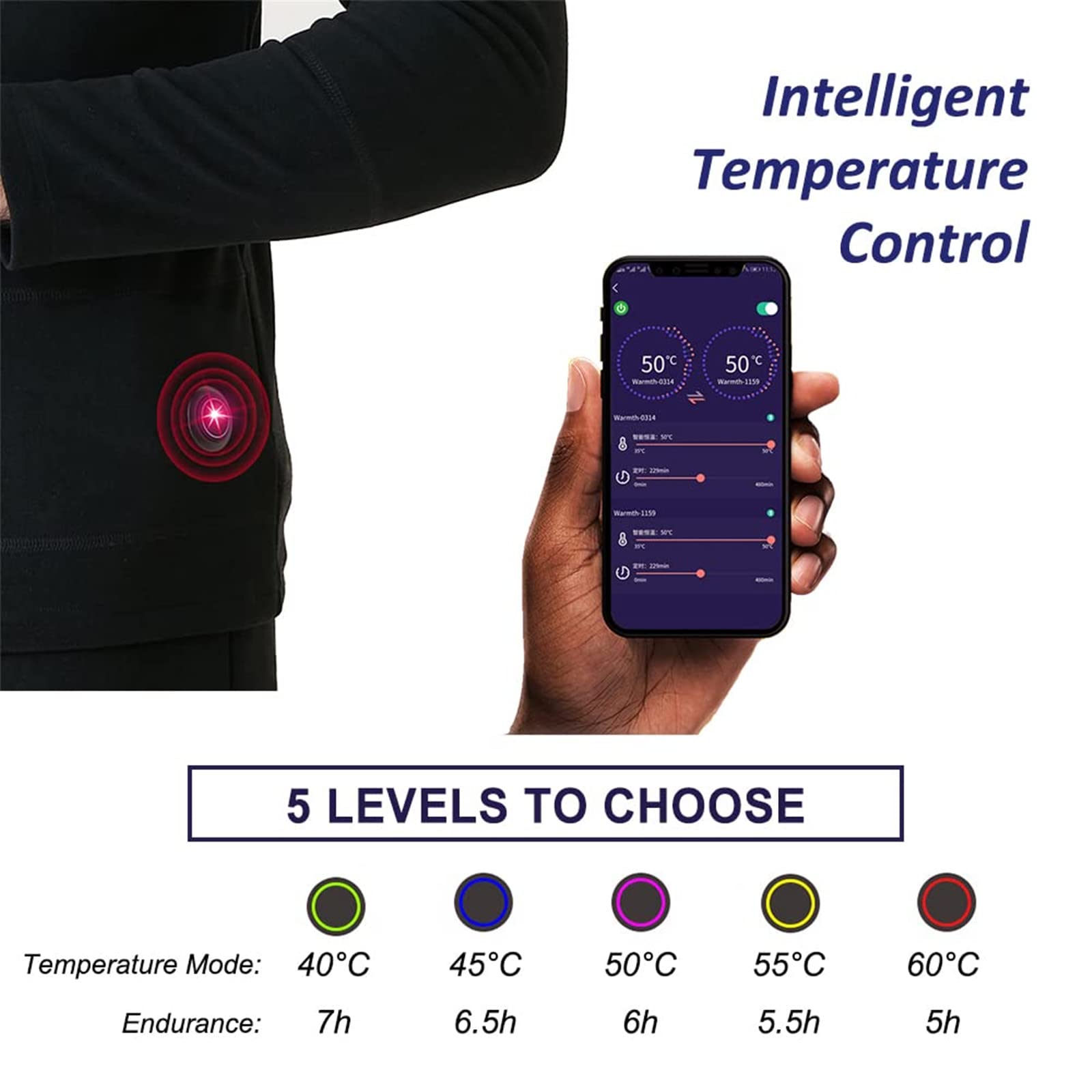 Abbigliamento Caldo per Riscaldamento Elettrico, termostato Intelligente a 3 velocità Abbigliamento per Riscaldamento Elettrico Set di Biancheria Intima riscaldata per Uomo Donna (Nero XL)