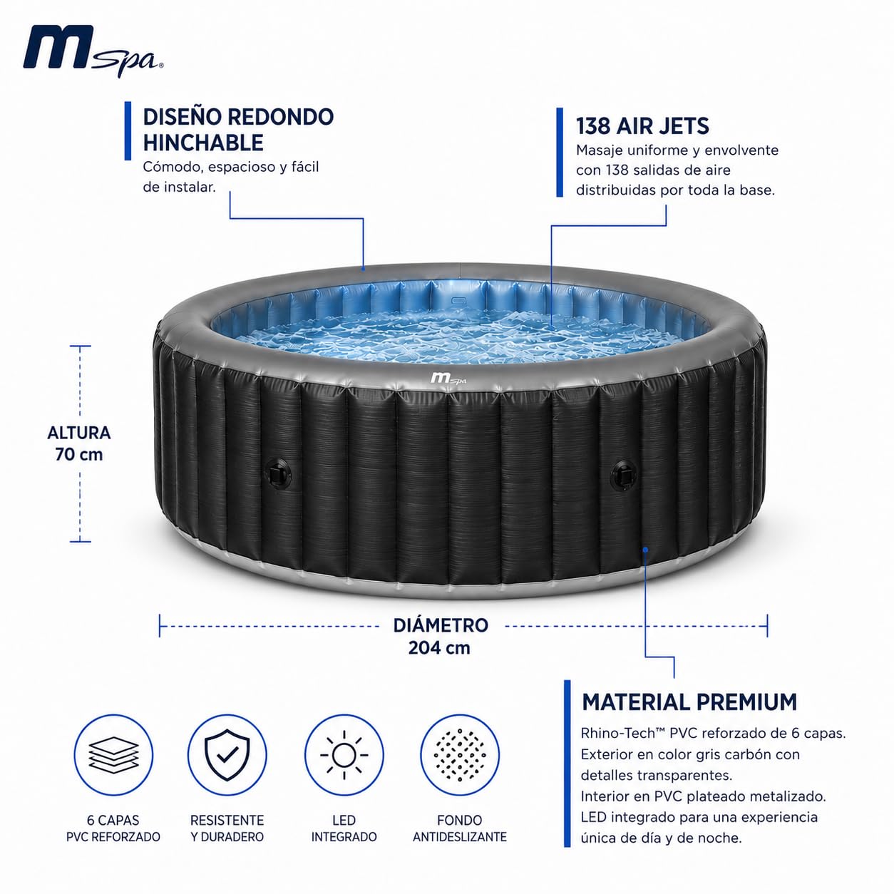 MSpa Starry SPA Hinchable Circular 4-6 Personas con hidromasaje Air Jet, luz LED, calefacción, filtración Inteligente y desinfección UVC