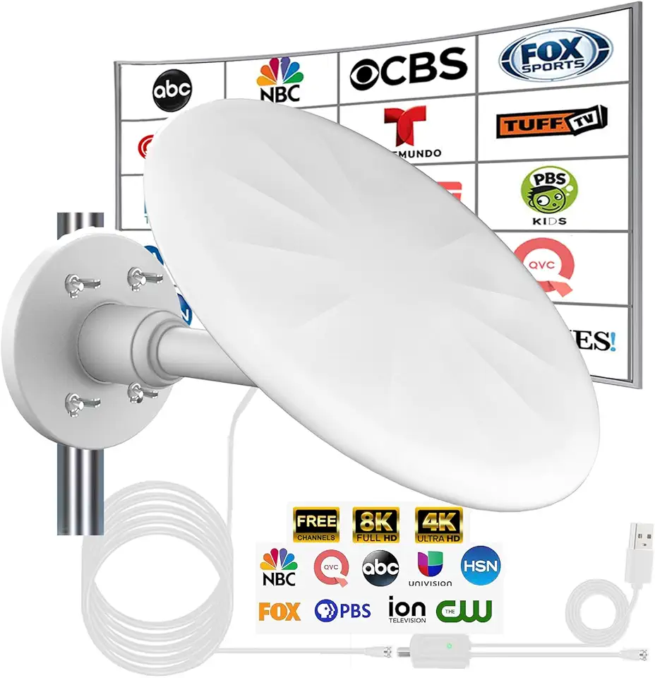 Antena de TV externa para TV digital, sinal de antena HD digital de recepção omnidirecional de longo alcance de 720°, com super amplificador de sinal, cabo HDTV de 10,7 m, para sótão/acampamento