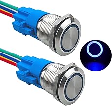 2pcs 19mm Momentary Push Button Switch, 12V/24V 5A Car Ignition Switch, Metal Push Button Switch with Pre-Wired Socket (Blue LED)