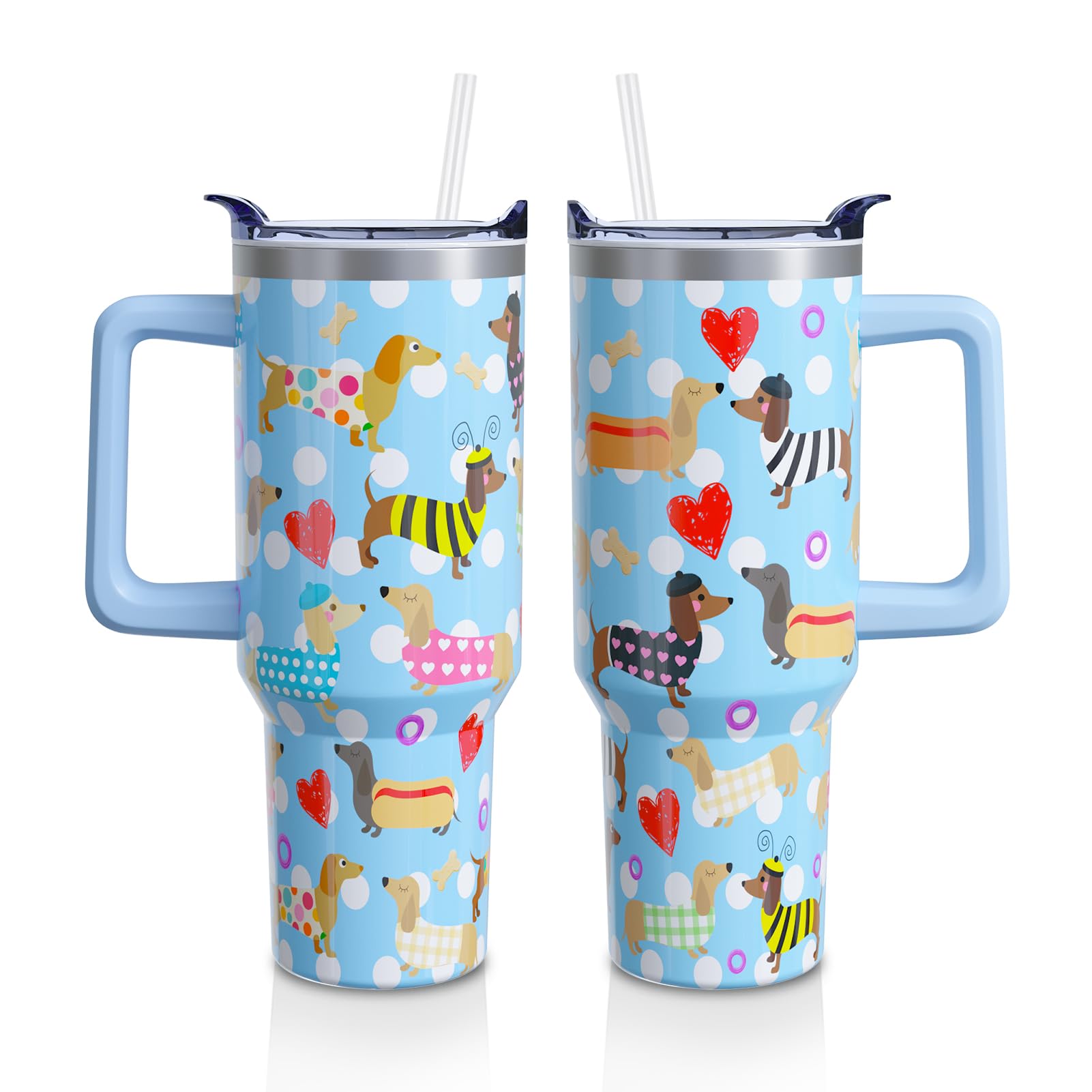 Aokoyi Dachshund Gifts Cup for Women Girls, 40oz Tumbler with Handle and Straw Lid, Cute Dog Lover Stainless Steel Blue Water Bottle Mug (1PC)