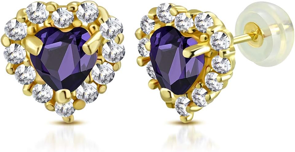 14K Yellow Gold Love Heart Multicolor Birthstone CZ Young Ladies Stud Earrings, 0.20"
