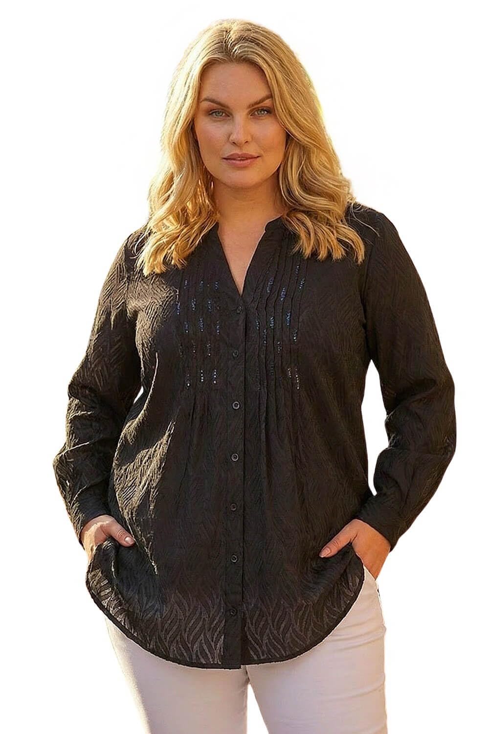 Roman Women's Black Curve Shimmer Jacquard Blouse In | Size: 18