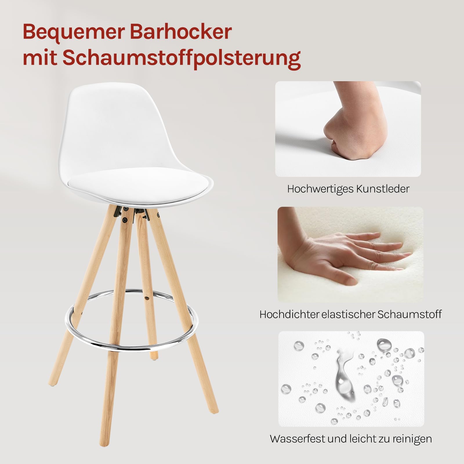 WOLTU Barhocker 2er Set Barstuhl aus Kunststoff Holzgestell mit Lehne + Fußstütze Design Stuhl Küchenstuhl optimal Komfort Weiss