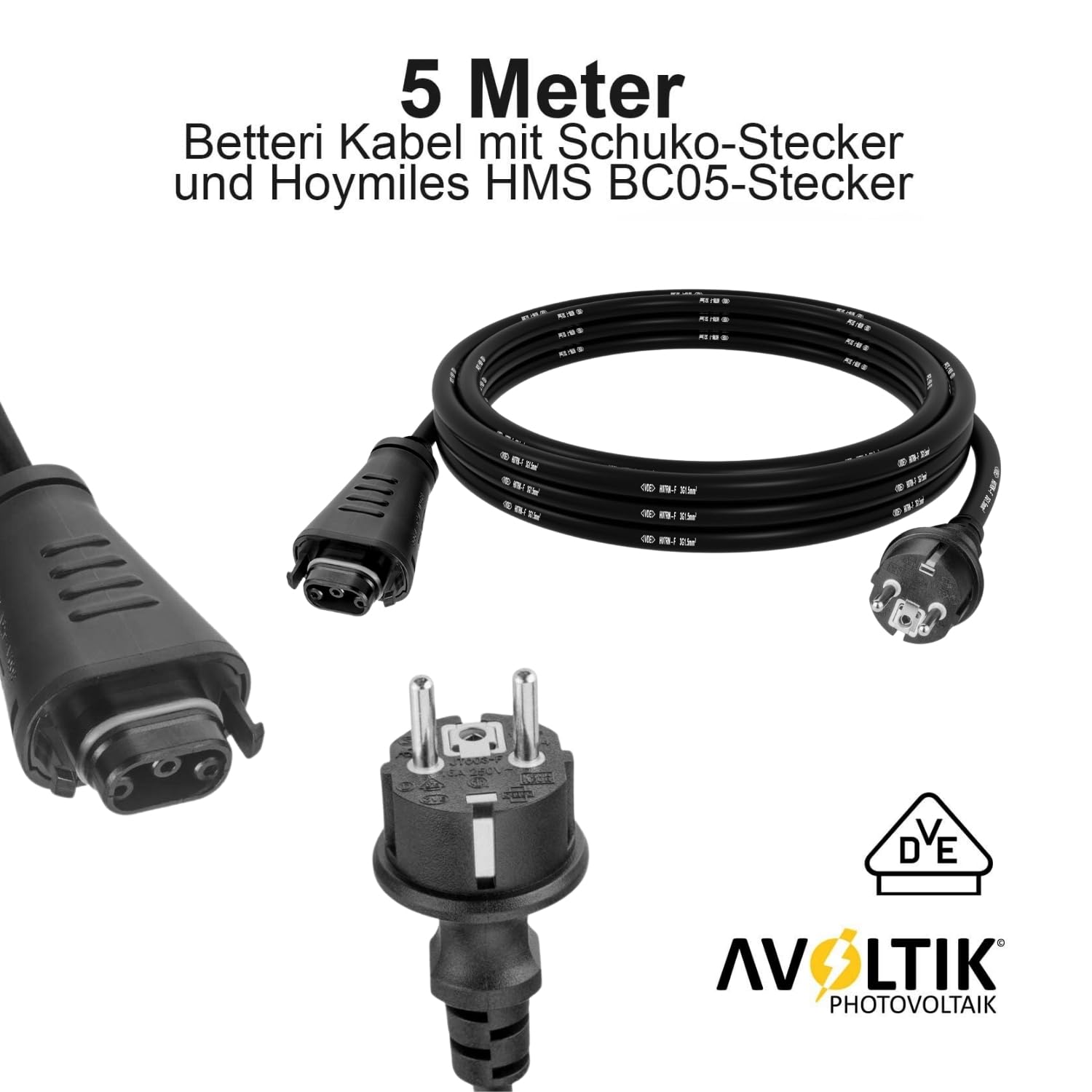 Avoltik 5 m Betteri Kabel geeignet für Hoymiles Stecker I VDE-zertifiziertes Photovoltaik Anschlusskabel für Solar Anlagen I Solarkabel mit Schuko-Stecker & Stecker geeignet für Hoymiles HMS BC07