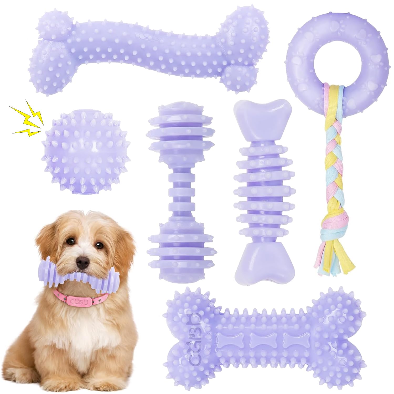 Juguetes para Cachorros, Paquete de 6 Juguetes masticables para dentición de Cachorros, Lindos Juguetes morados para Cachorros de Raza pequeña, Juguetes de dentición para Limpiar los Dientes al