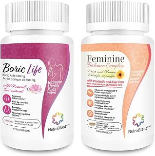 NutraBlast Boric Acid Suppositories 600mg (30 Count) w/Feminine Balance Complex (60 Capsules) | Vaginal Detox & Cleanse | Supports Healthy Intestinal Flora & Immune System