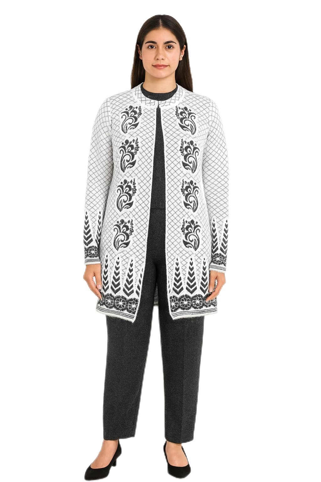 Women's Woolen Co-ord Set, White with Black Floral Printed, Long Cardigan with Pants, Diamond Quilted Pattern-image-49