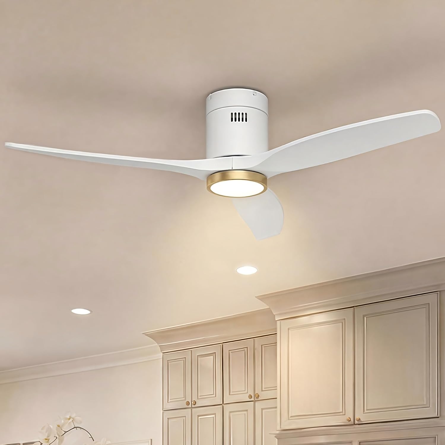 GREENEVER 52 Inch Low Profile Ceiling Fan with Light, Solid Wood Flush Mount Fan with Remote & Wall Control, Quiet DC Motor, Dimmable Memory LED for Master Bedroom Dining, White and Gold by GRANDJOY