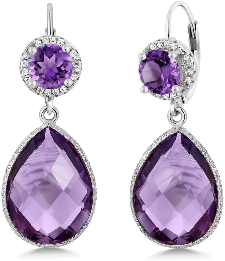 Gem Stone King 925 Sterling Silver Purple Amethyst Earrings For Women (1.40 Cttw, Gemstone Birthstone, 16X12MM Pear Shape and 6MM Round)