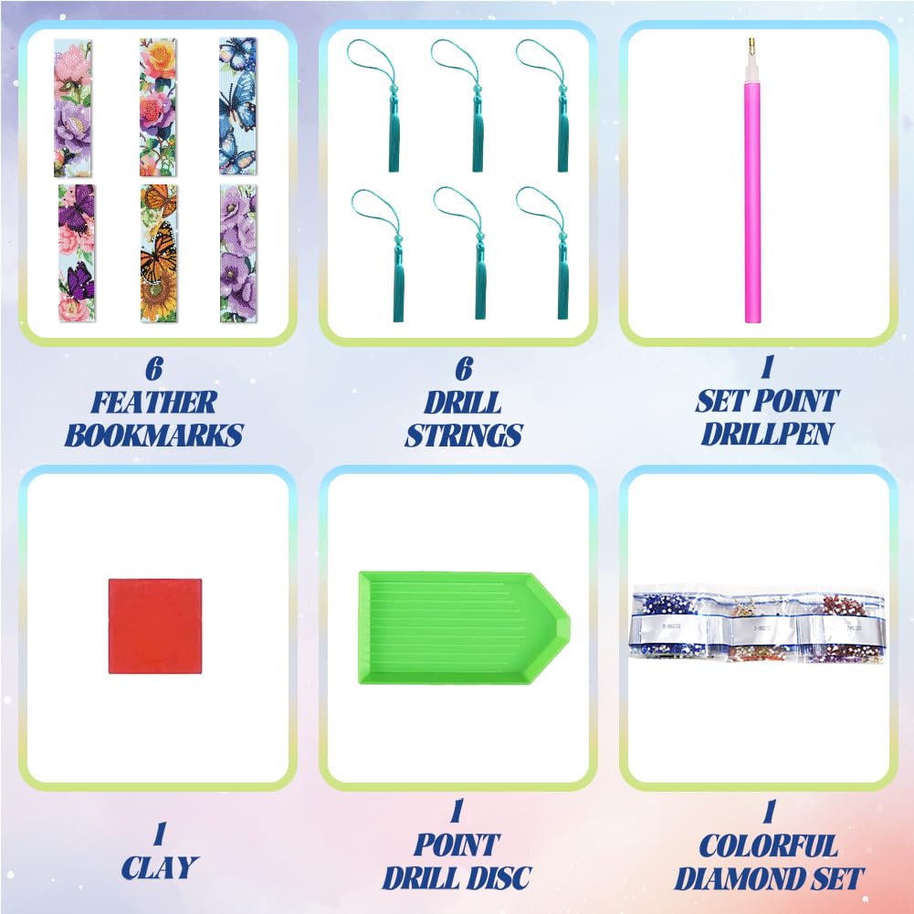 beinkmake 6Pcs Flower Butterfly 5D Diamond Art Bookmarks Sunflower Paeony Roses Floral Diamond DIY Painting Bookmarks Rhinestones Beaded Acrylic Tassel Bookmark for Adult Beginner Crafts - Image 3