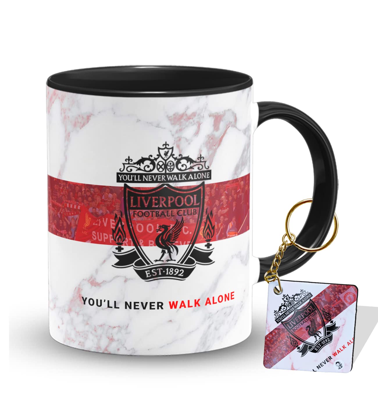 The Desi Monk You'll Never Walk Alone Printed Inside Black Mug with Keychain | LFC Coffee Mug 11oz | Football Mug is Microwave and Dishwasher Safe 330ml | KMUG-491