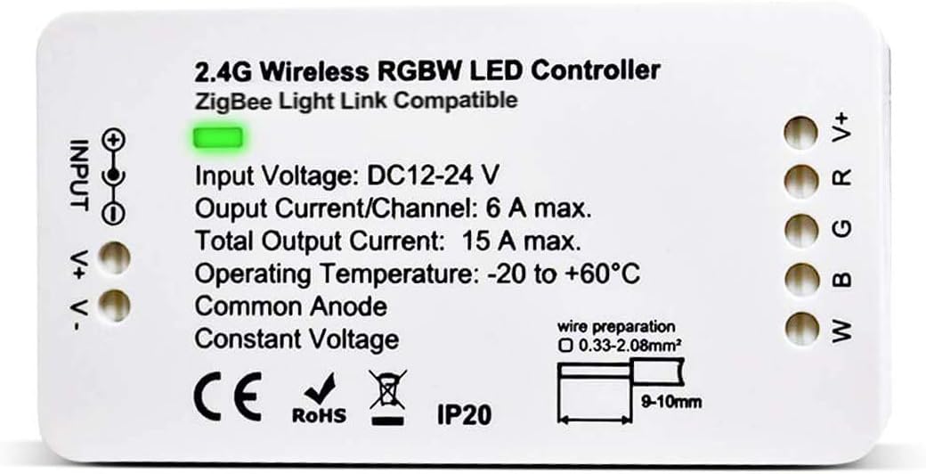 PeakLead ZigBee LED Strip Light Controller, RGBW Color Changing Dimmer Switch for 12-24V Rope Light, Compatible with ZigBee Light Link ZLL, Philips Hue Bridge, Amazon Echo Plus, Lightify, SmartThing