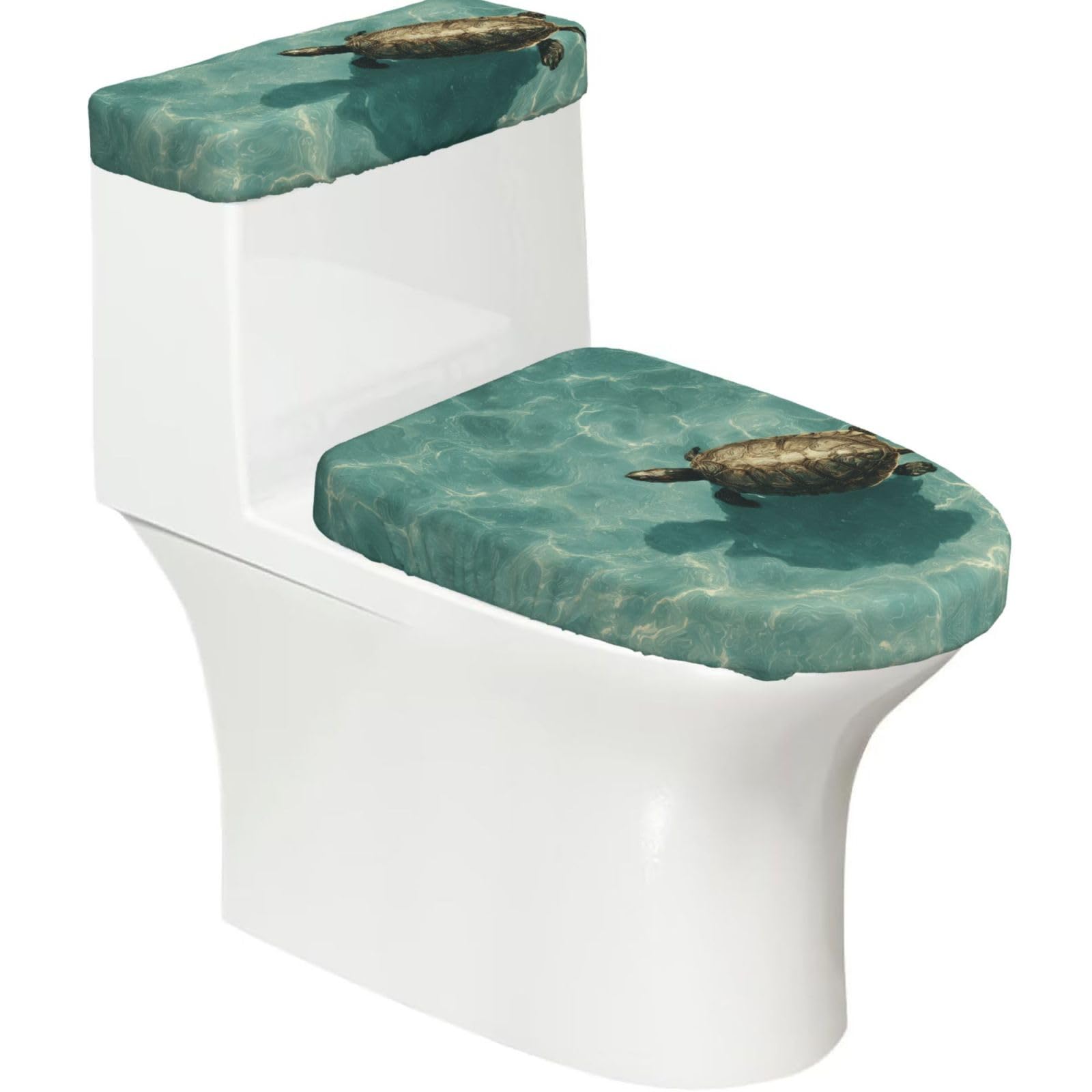 A Turtle 2-Piece Toilet Seat Cover Set with Tank Lid, Elastic Fit for U-Shape & Elongated Toilets, Bathroom Decor, Housewarming Gift