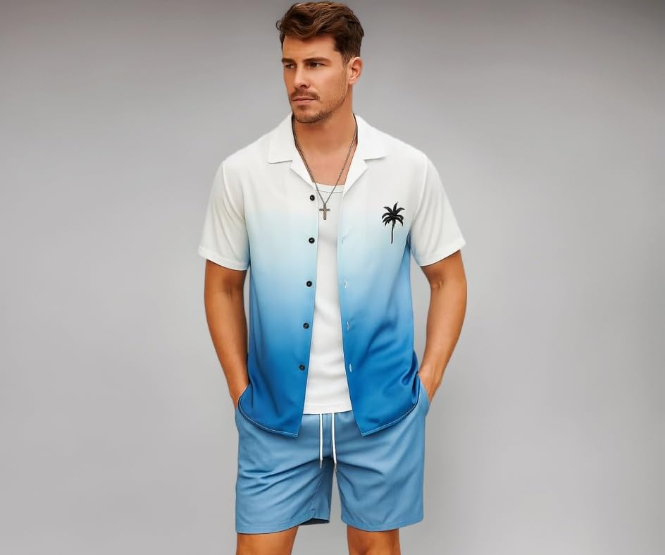 Men’s Printed Co-Ord Set | Plus Size Casual Shirt & Shorts Set | Nightwear Pajama Suit, Loungewear, Beachwear & Vacation Outfit Design No Shirt-Short Set5-Parent