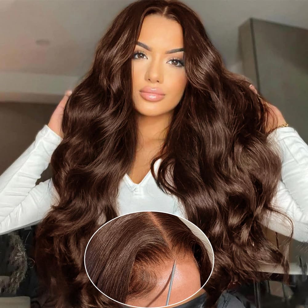 FTQZKEY 32 Inch 7x5 HD Lace Closure Wigs Human Hair Wear and Go Glueless Wigs Human Hair Pre Plucked Pre Cut 220% Density Brown Body Wave Lace Front