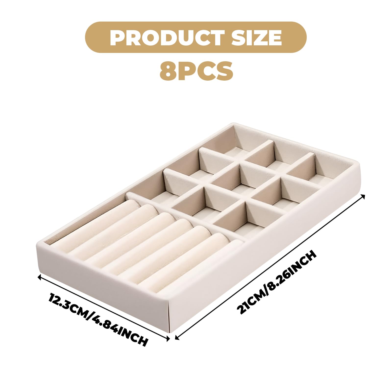 Set 8 Vassoi Portagioie Impilabili In Velluto Beige + Coperchio – Organizzatore Regolabile Per Cassetti