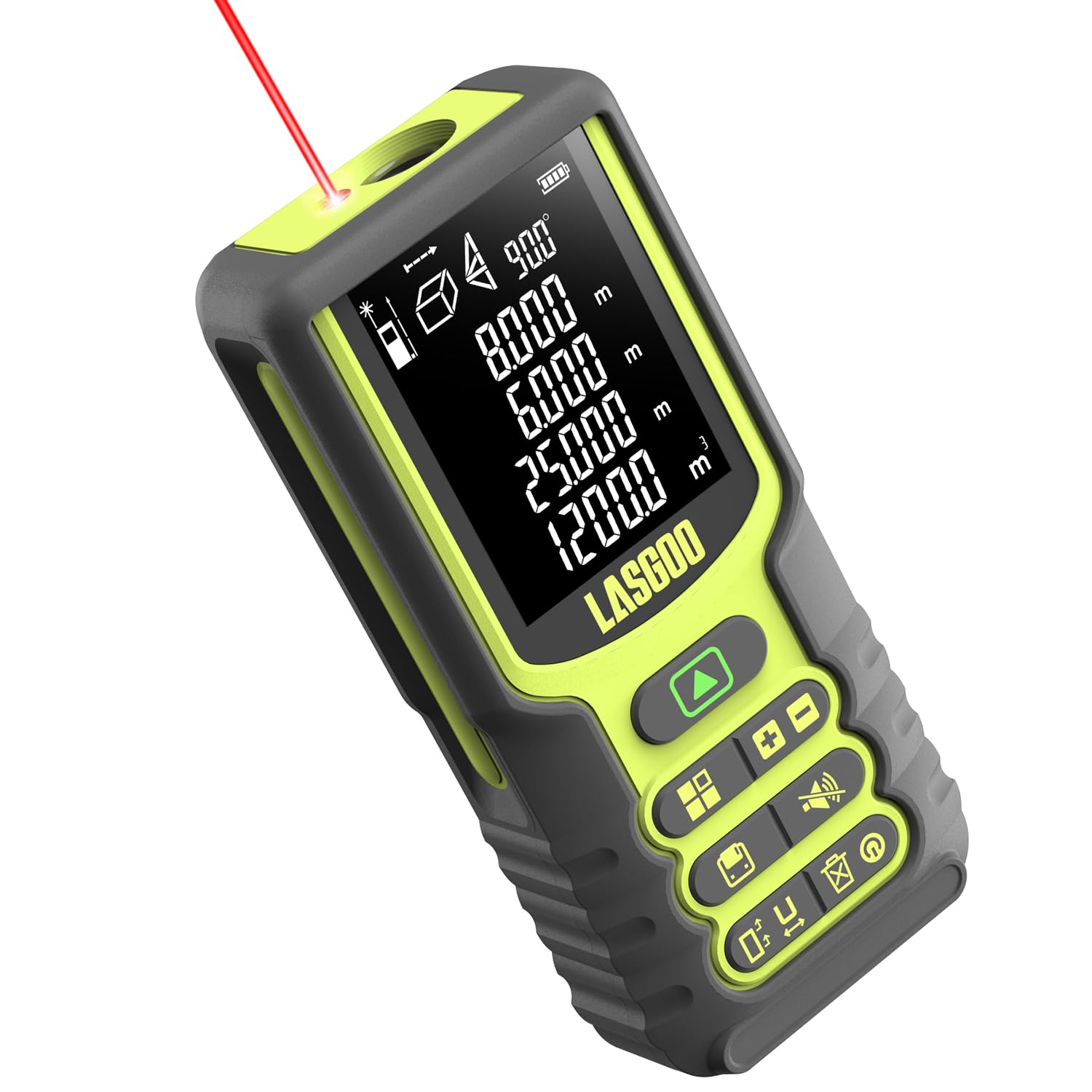 Metro Laser, LASGOO 100m/328ft Misuratore Laser, Misuratore di Distanza Laser con Sensore Angolare,Ft/In/M, Display LCD Retroilluminato, Modalità Distanza/Area/Volume/Pitagorica, Batteria Inclusa