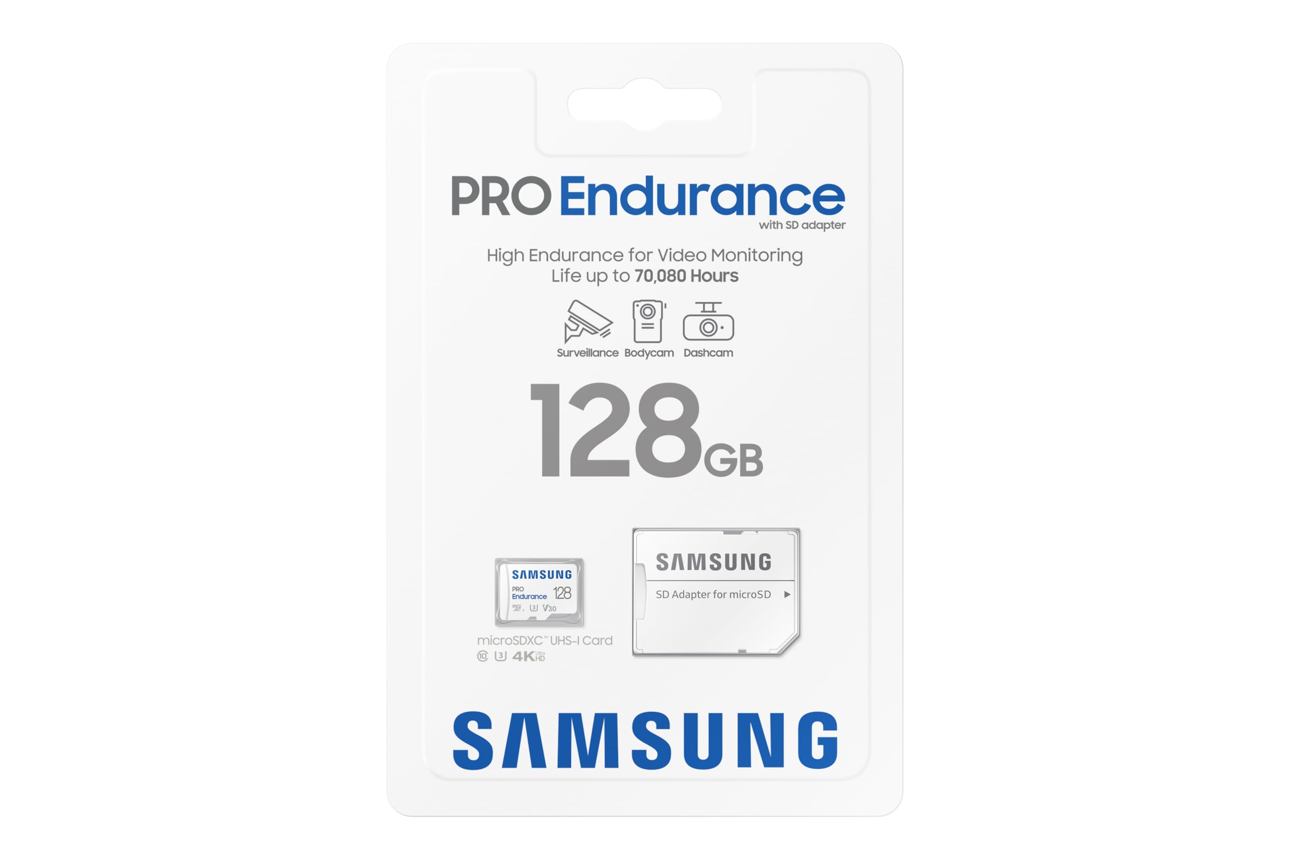 Samsung PRO Endurance microSD-Karte + SD-Adapter, 128 GB, Für Videoüberwachungssysteme, Dashcams und Bodycams,UHS-I U3, Full HD & 4K UHD, 100 MB/s Lesen, 40 MB/s Schreiben, MB-MJ128KA/EU