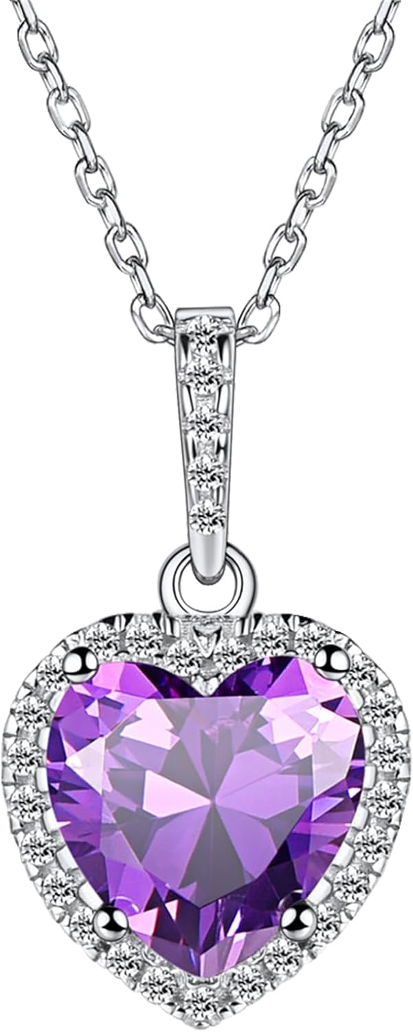 Bestyle Sparkling 925 Sterling Silver Birthstone Necklaces for Women, Created Heart/Round/Teardrop/Square Crystal Solitaire Pendant Diamond Necklace, Great Birthday/Anniversary/Wedding Gifts