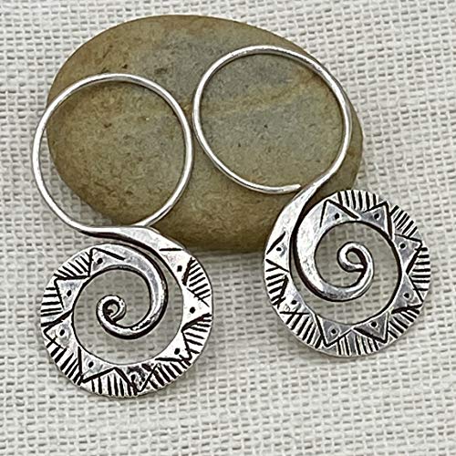 Sterling Silver Boho Hippie Spiral Earrings, Handmade Tribal Ethnic with Geometric Pattern 1 1/2 inches long Swirl Earrings, Gift for her2