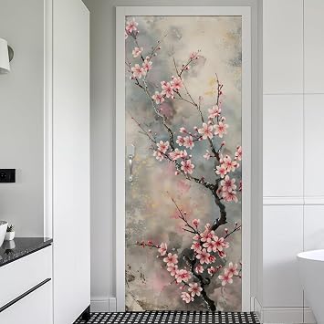 REDAMANCY Vintage Pink Cherry Flower Tree Watercolor Peel and Stick Door Stickers Vinyl Mural Decals Decor Modern Wallpaper Self-Adhesive, Waterproof, Removable
