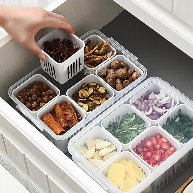 Image of 6 in 1 Fridge Storage Boxes Freezer Storage Containers, Kitchen Storage Set, Vegetable Storage, Draining Crisper Refrigerator Food Box,Container for KitchenStorage - Pack Of 1 (5544) (Pack Of 1)