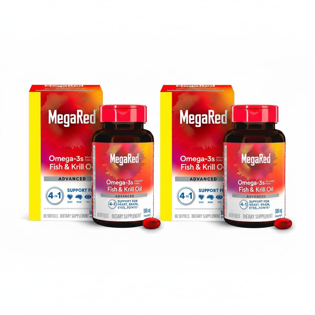 Advanced 4-in-1 2X Concentrated 500mg Omega-3 Fish Oil & Antarctic Krill Oil with Fatty Acid, EPA/DHA Supports Heart, Brain, Joints, Eye Health 80 Count Softgels (2 Pack)