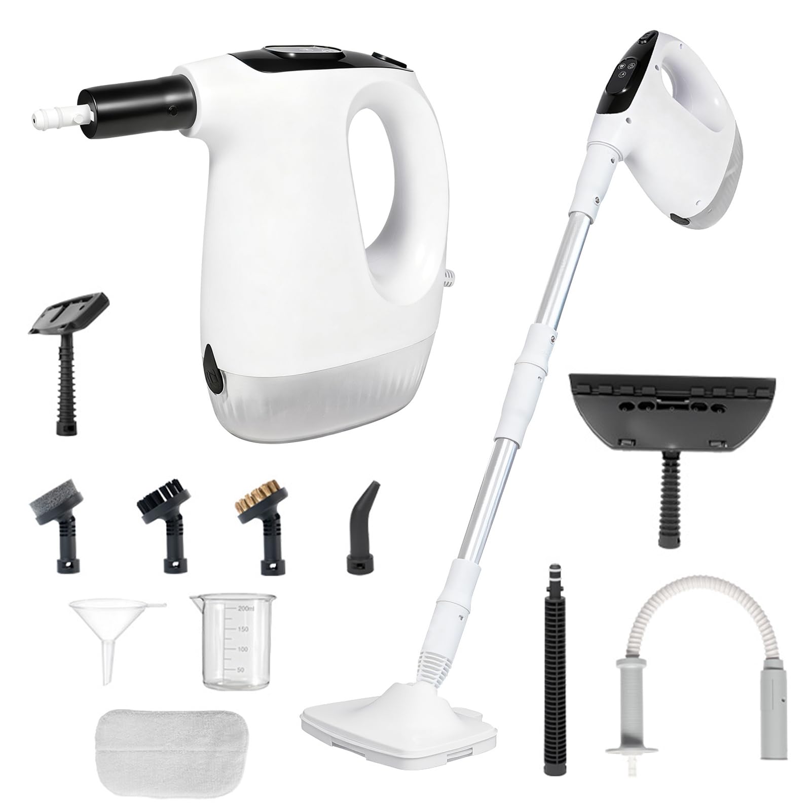 Mop parowy, ręczny odkurzacz parowy, 1200 W, zawiera 15 nasadek czyszczących, nadaje się do podłóg z twardego drewna, płytek, fug, mebli, czyszczenia dywanów
