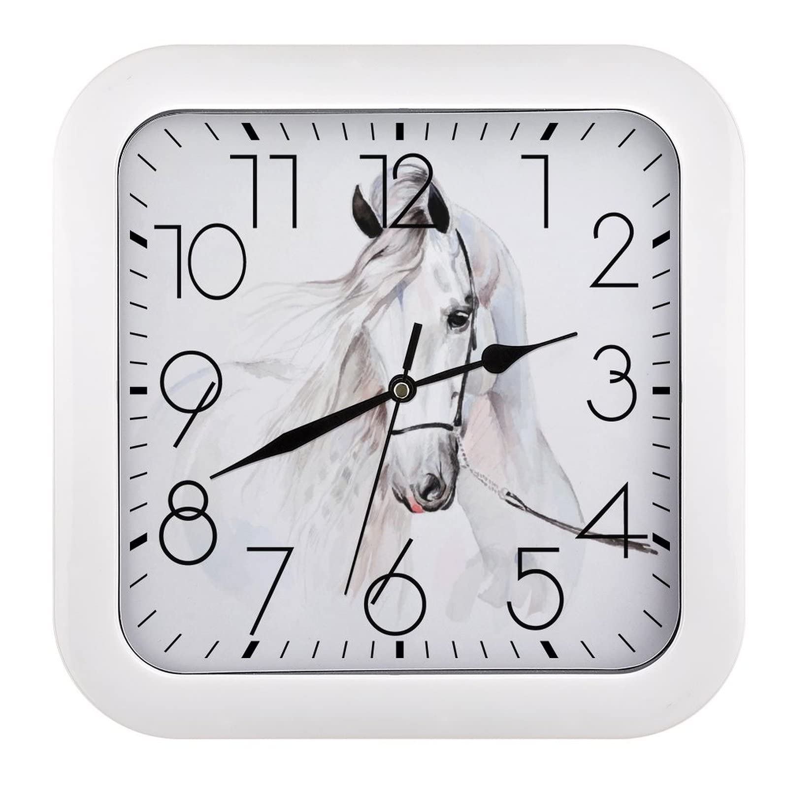 Horloge murale carrée cheval blanc 26x26 cm à grands chiffres