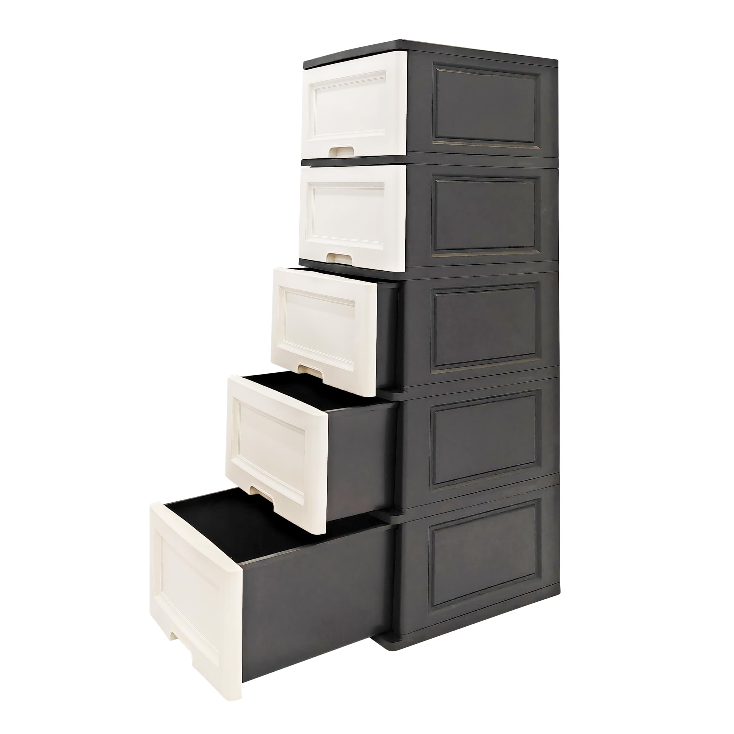 ABBAware Kommode 44x50x127 cm mit 5 großen XXL Schubladen, 40 Liter pro Schublade, in edlen Schwarz/Weiß Farben und feiner Kiefernholz-Optik der Umwelt zuliebe aus recyclebarem PP Kunststoff
