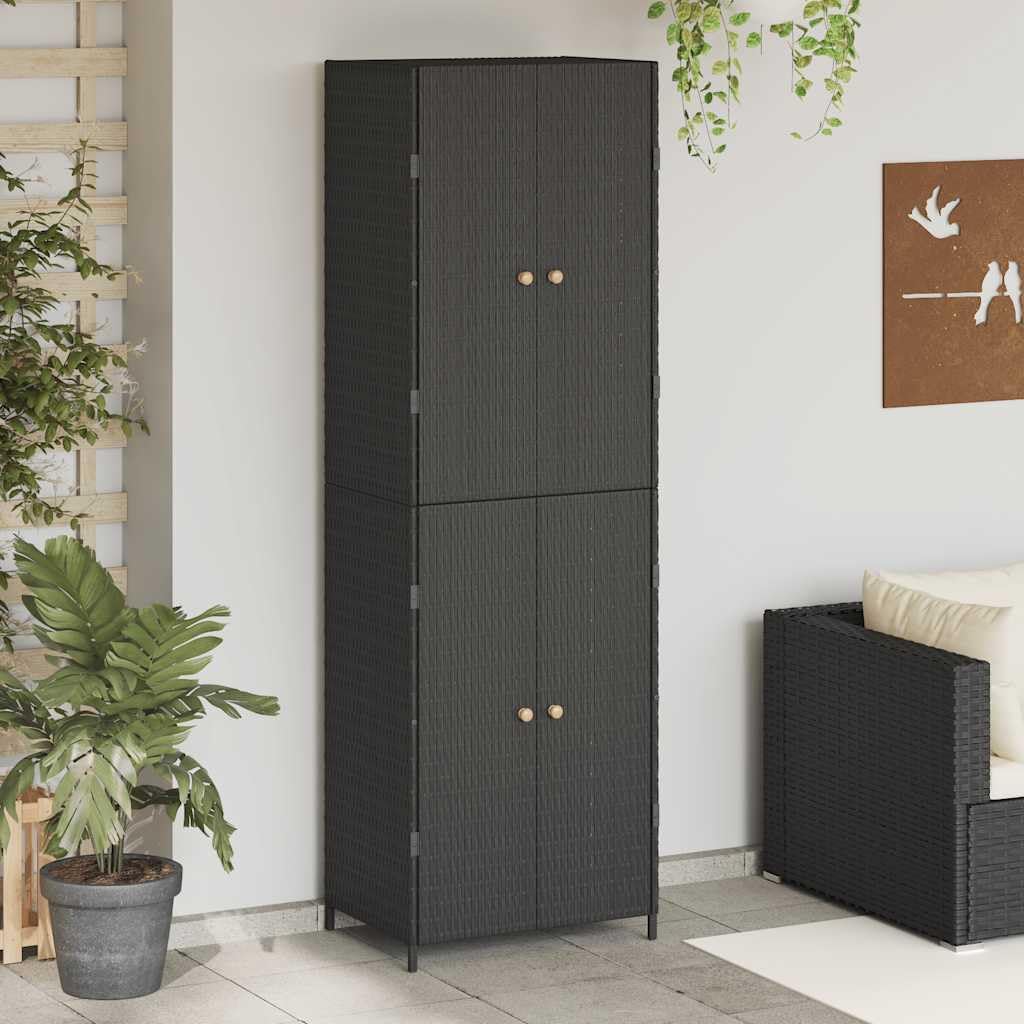 Gartenschrank Schwarz 59x40x180 cm, Poly Rattan, Wasserfest, Robuster Stahlschrank mit 4 Fächern, für Außenbereich, Balkon, Terrasse, Gartenlagerung