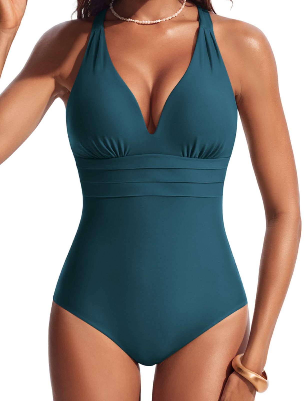 Hanna Nikole Badeanzug Damen Bauchweg V-Ausschnitt Schwimmanzug mit Retro Schlankheits Raffung Einteilige Bademode Swimsuits