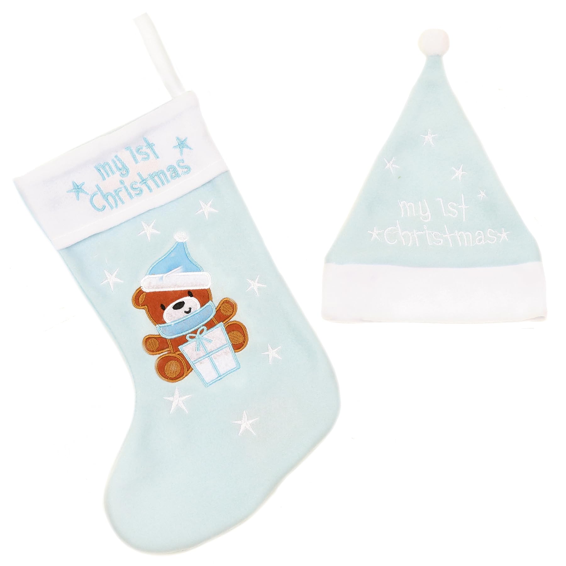 Widdle Gifts My First Christmas Stocking and Hat Set with Embroidered Bear and Stars (Blue 6601)