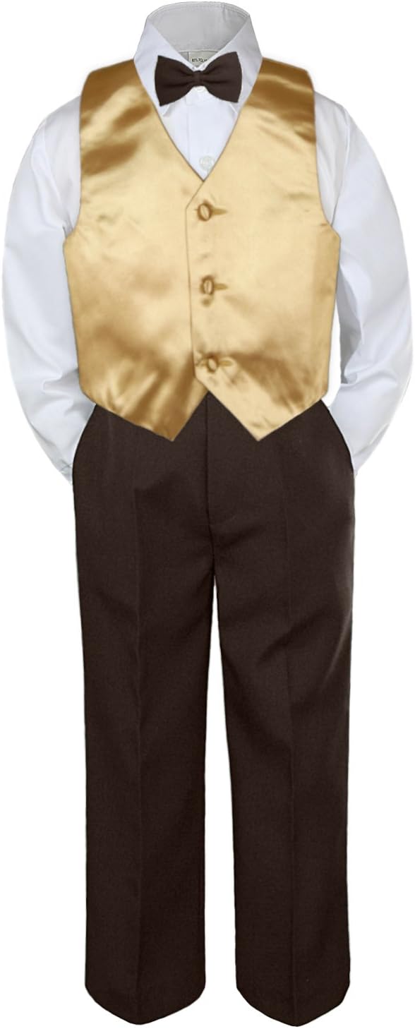 4pc Baby Toddler Boy Teen Classic Suit Brown Pants Shirt Vest Bow tie Set SM-4T
