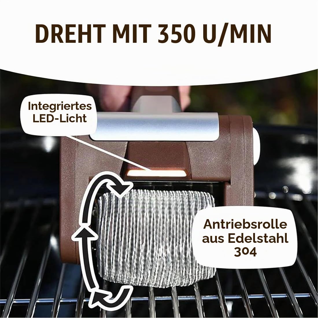 Shaker Elektrischer Grillreiniger, Borstenfrei Rotierende Grillbürste, Kabellos & Wiederaufladbar, Abnehmbare Edelstahltrommel, 350 U/Min, Hochgeschwindigkeitsreinigung (A)