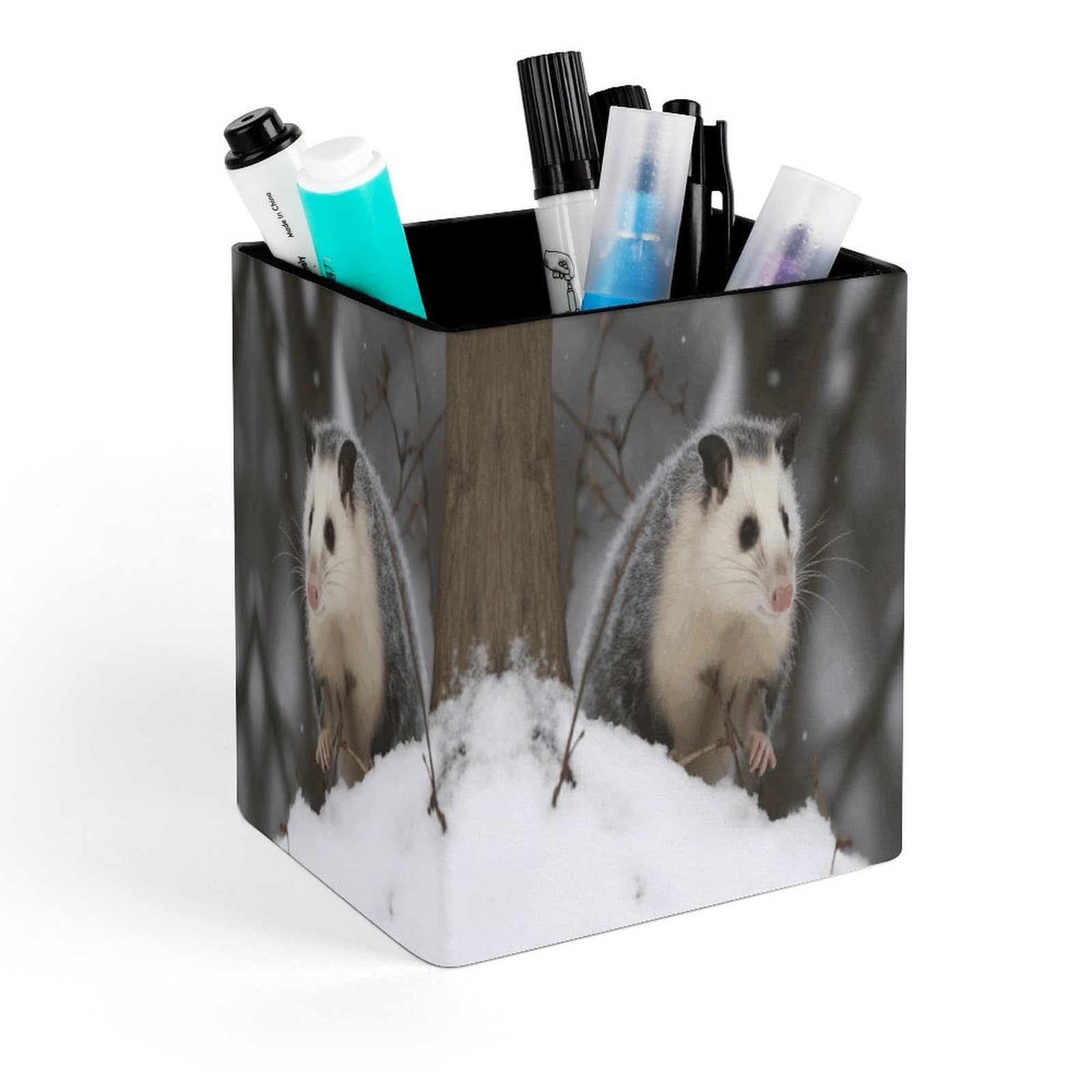 FekiLoot Opossum In Snow Pencil Holder for Desk Square Leather Pen Holder Cup Desktop Organizer Multi-Functional Pencil Cup Holders Modern Decorative Desk Organizer Caddy Makeup Brush Holders