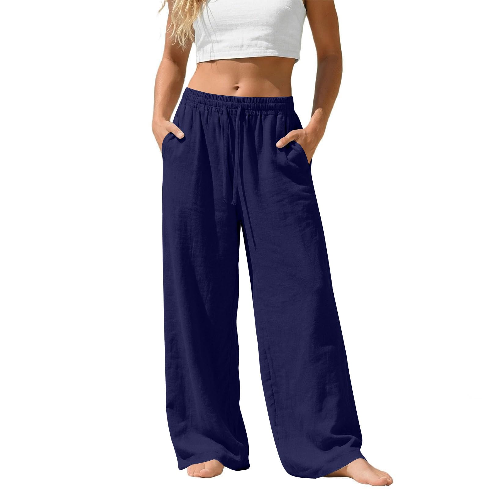 Linen Pants Women Summer Baggy Wide Leg Flowy Pants Drawstring High Waistes Slacks Loose Comfy Beach Travel Trousers — view 14