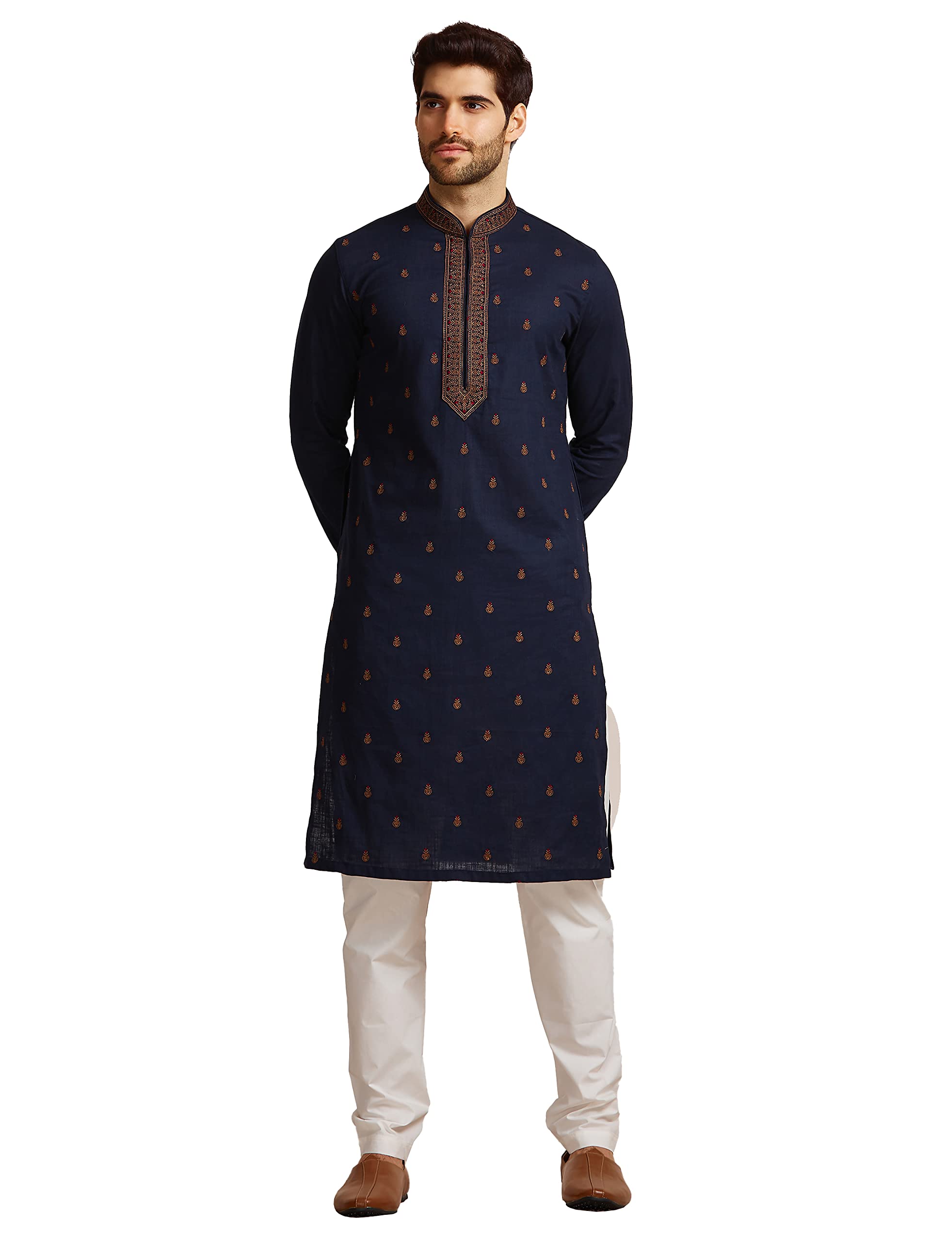 manyavar Men's Fern and Buta Embroidered Kurta Set (2pcs)-picture-21