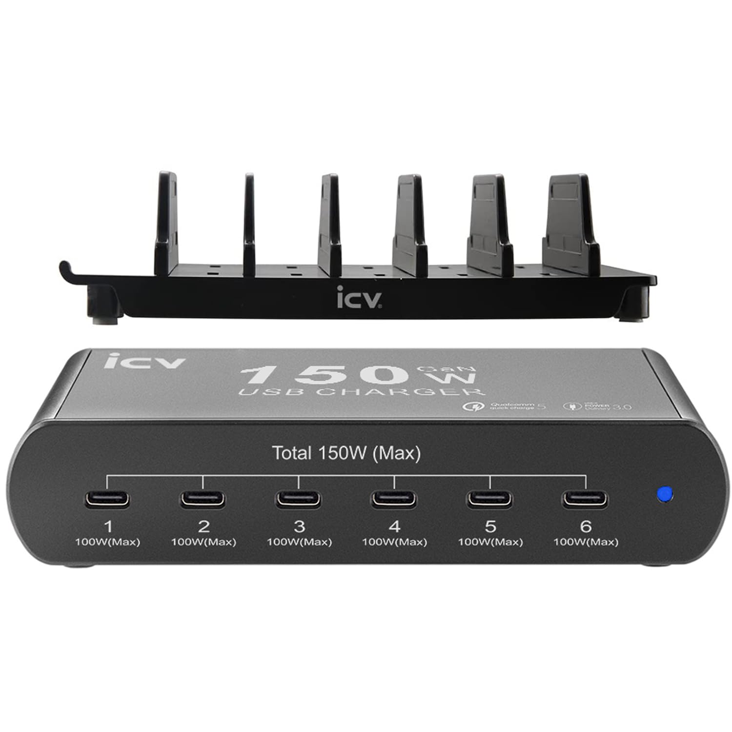 iCV 6-in-1 150W GaN USB C Charging Station Stand for Multiple Devices, Fast PD3.0 100W Type C Laptop Charger Multiport USB Charging Station for MacBook, iPhone, Samsung, Galaxy, iPad, Android